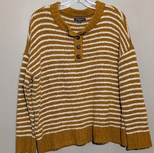 American Eagle Mustard Stripe Henley Jegging Fit Sweater Oversized Chunky Medium